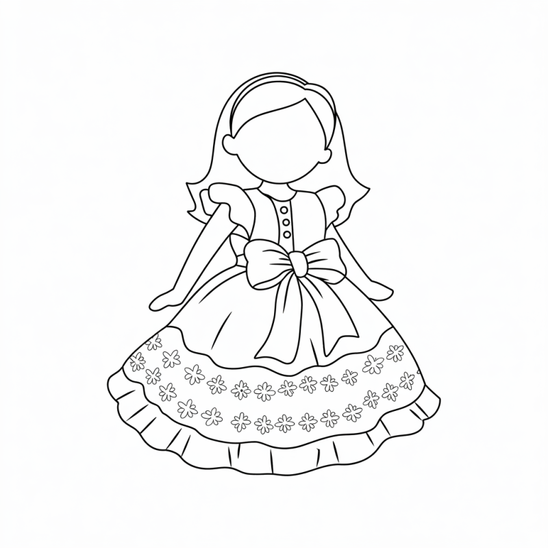 Desenho de vestido de boneca elegante com laço e flores para colorir