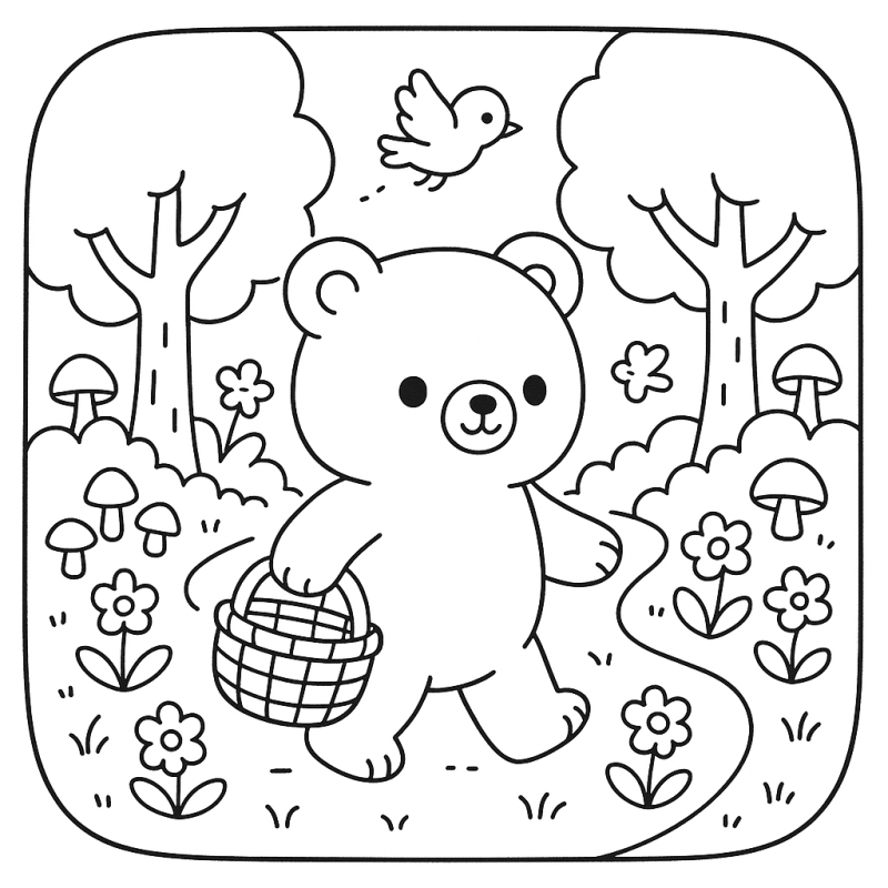 Desenho de Floresta com Ursinho - Boobie Goods Desenho de uma floresta encantadora com um ursinho caminhando e um cenário mágico para colorir