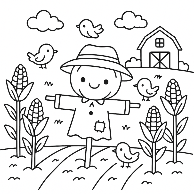 Desenho de Fazendinha com Espantalho para Colorir