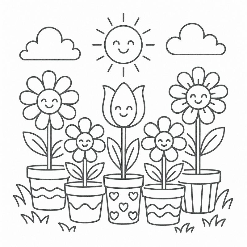 Desenho de flores sorridentes em vasos decorativos para colorir.
