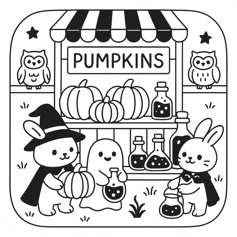 Colorindo a Cena Encantadora da Feira de Abóboras de Halloween