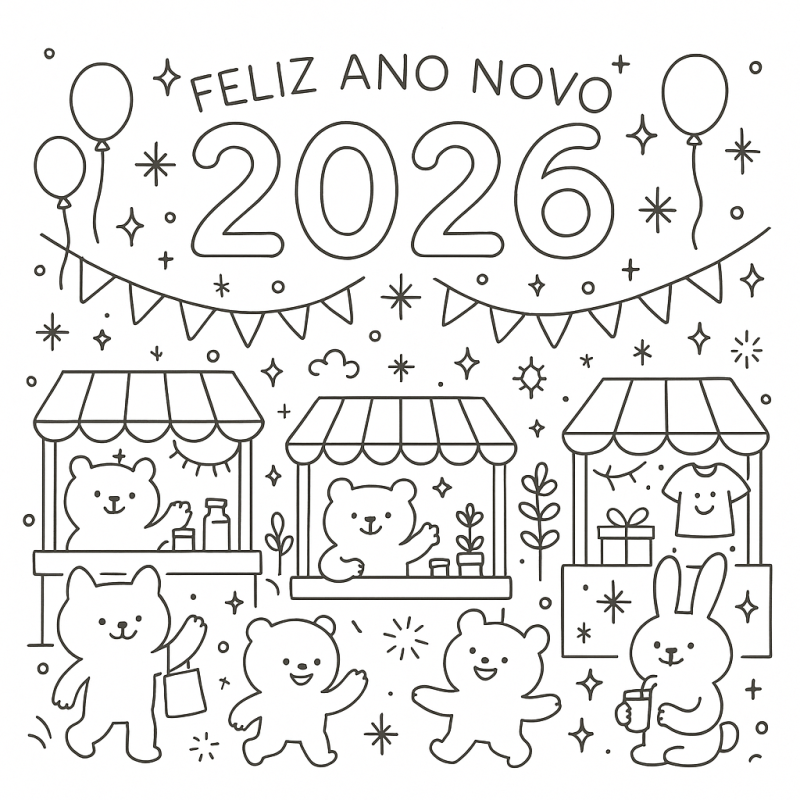 Desenho para colorir de uma alegre festa de Ano Novo 2026 com ursos, balões e confetes.