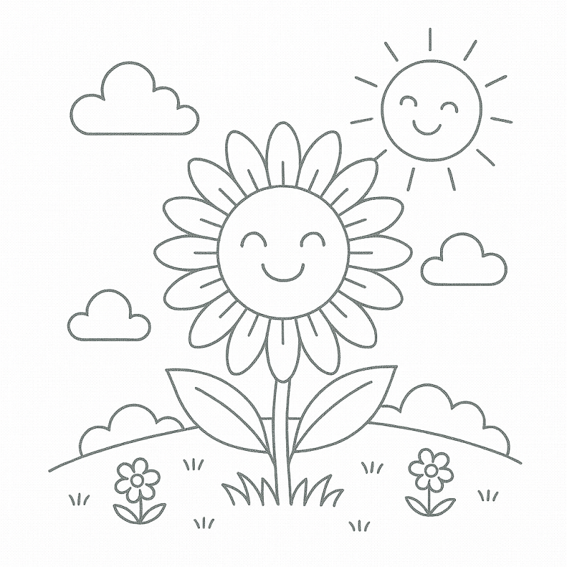Desenho de flor sorridente e sol feliz para colorir