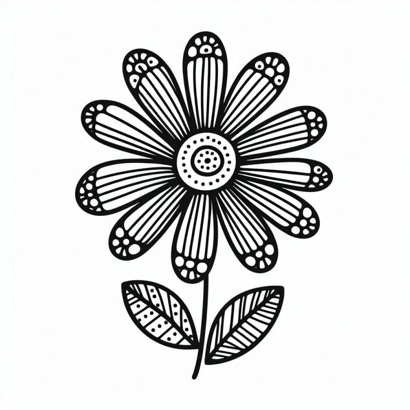 Desenho de flor estilizada em preto e branco para colorir com pétalas simétricas e padrões decorativos.