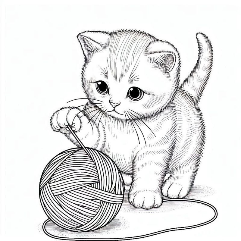 Desenho de um adorável gatinho brincando com um novelo de lã para colorir