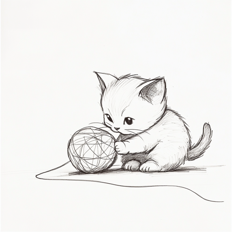 Filhote de gato detalhado com novelo de lã para colorir