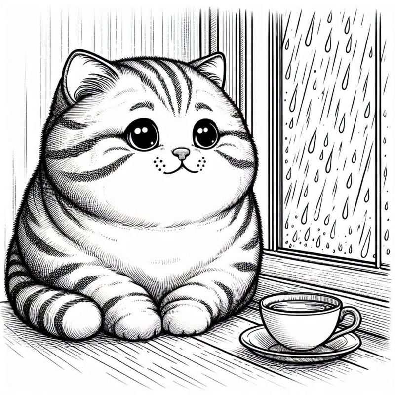 Desenho adorável de um gato estilo cartoon para colorir, com fundo de janela chuvosa e xícara de chá.