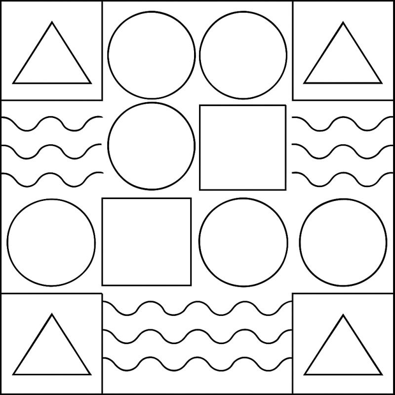 Imagem de um padrão geométrico e abstrato com círculos, quadrados e linhas onduladas para colorir.