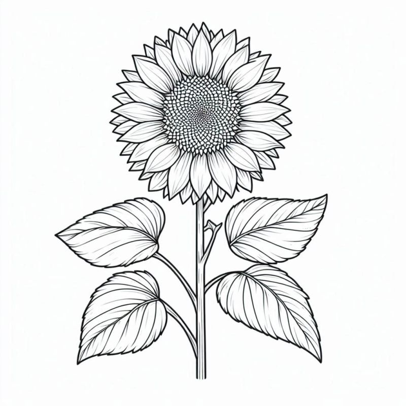 Desenho detalhado de um girassol para colorir com pétalas, miolo, caule e folhas.