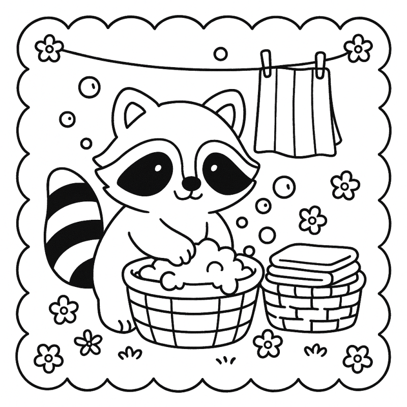Desenho de Guaxinim Lavando Roupas para Colorir – Boobie Goods Guaxinim lavando roupas em um cenário de lavanderia com bolhas e flores.