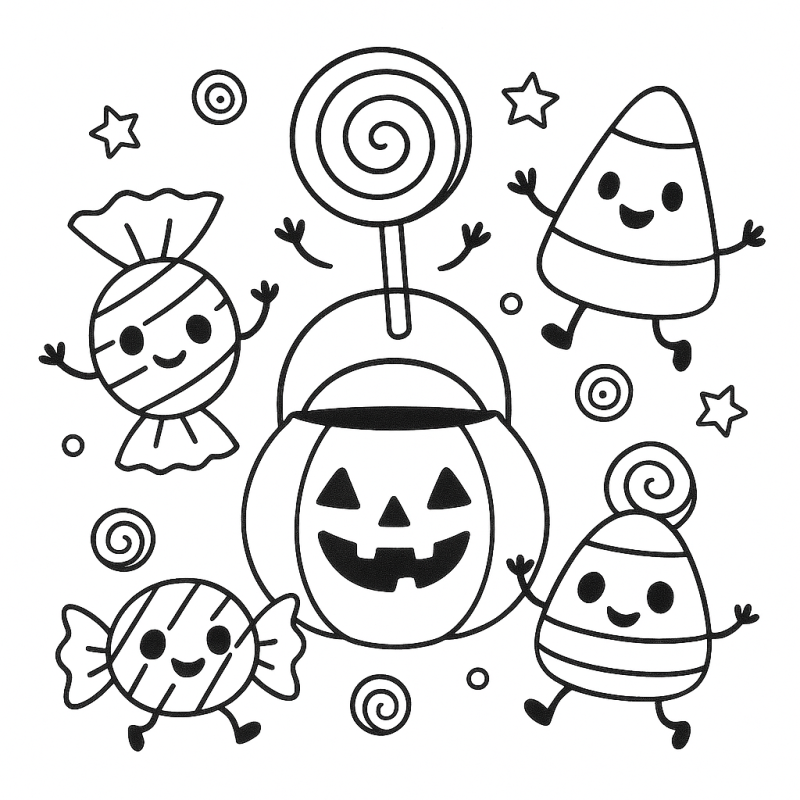 Divertido Desenho de Halloween com Abóbora e Doces Desenho de Halloween com abóbora e doces para colorir