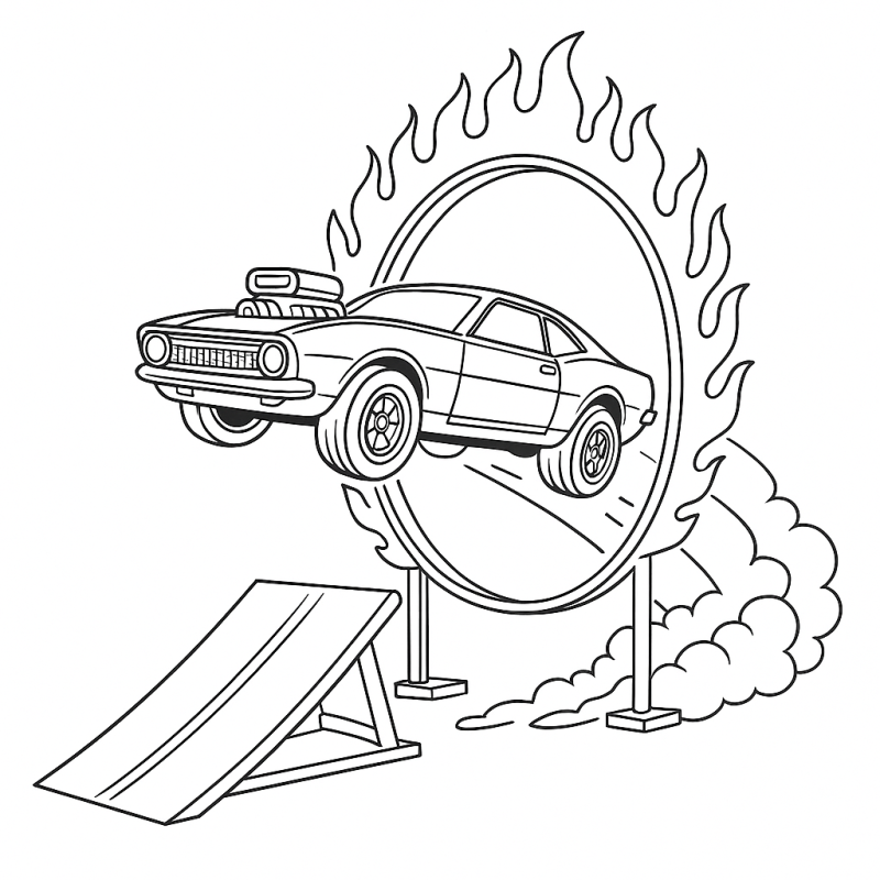 Desenho de um carro Hot Wheels saltando através de um anel de fogo