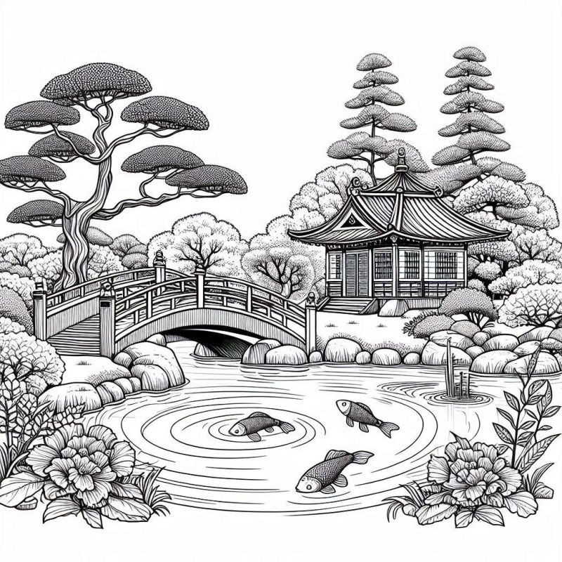 Desenho de paisagem serena em jardim oriental, com ponte, lago e arquitetura tradicional para colorir.