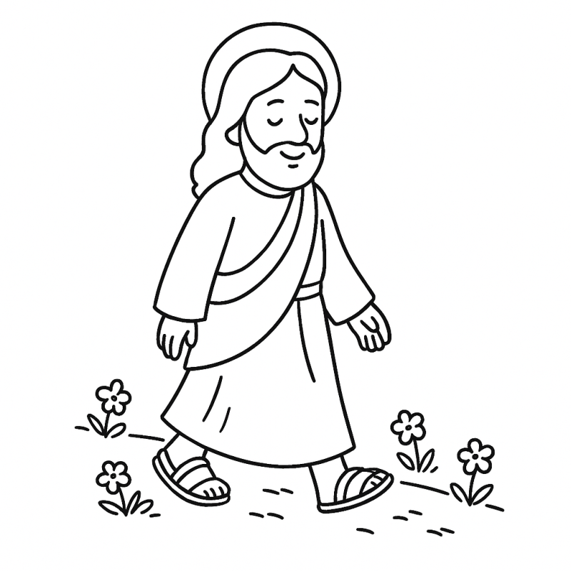 Jesus caminhando sereno com flores ao redor para colorir