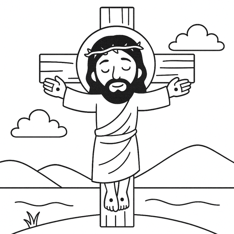 Desenho de Jesus crucificado para colorir, estilo simples e sereno