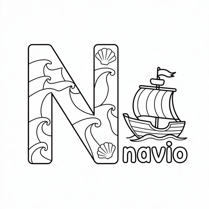 Desenho da letra N decorado com navio e ondas para colorir