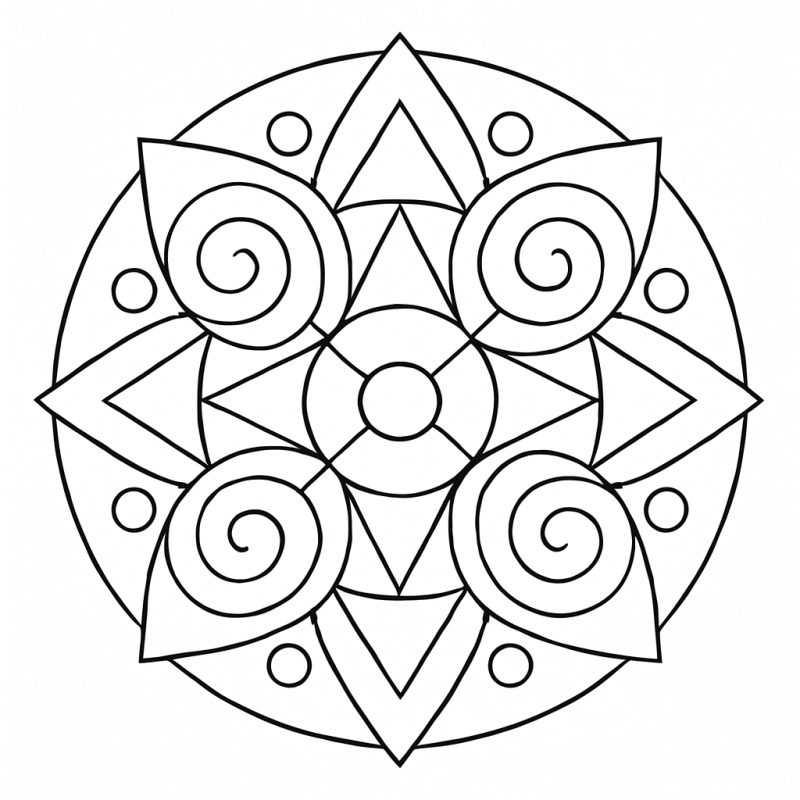 Mandala geométrica com espirais e círculos para colorir