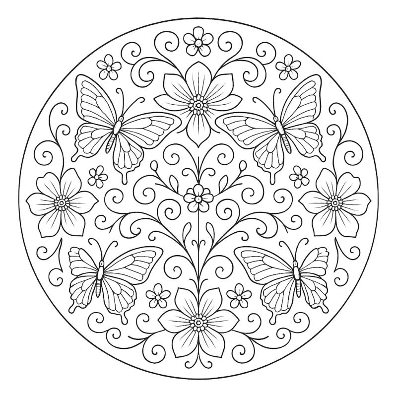 Mandala Única com Borboletas e Flores para Colorir