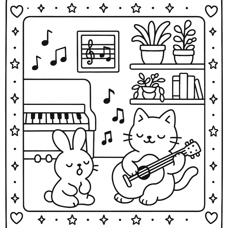 Divirta-se Colorindo a Cena Musical Boobie Goods com Gato e Coelho Desenho de uma cena musical Boobie Goods com um gato tocando violão e um coelho cantarolando.