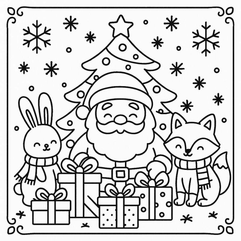 Desenho de Papai Noel sorrindo com coelho e raposo ao lado de uma árvore de Natal