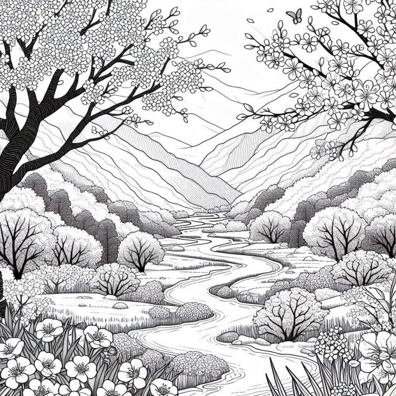 Desenho de paisagem natural com flores, árvores e rio para colorir
