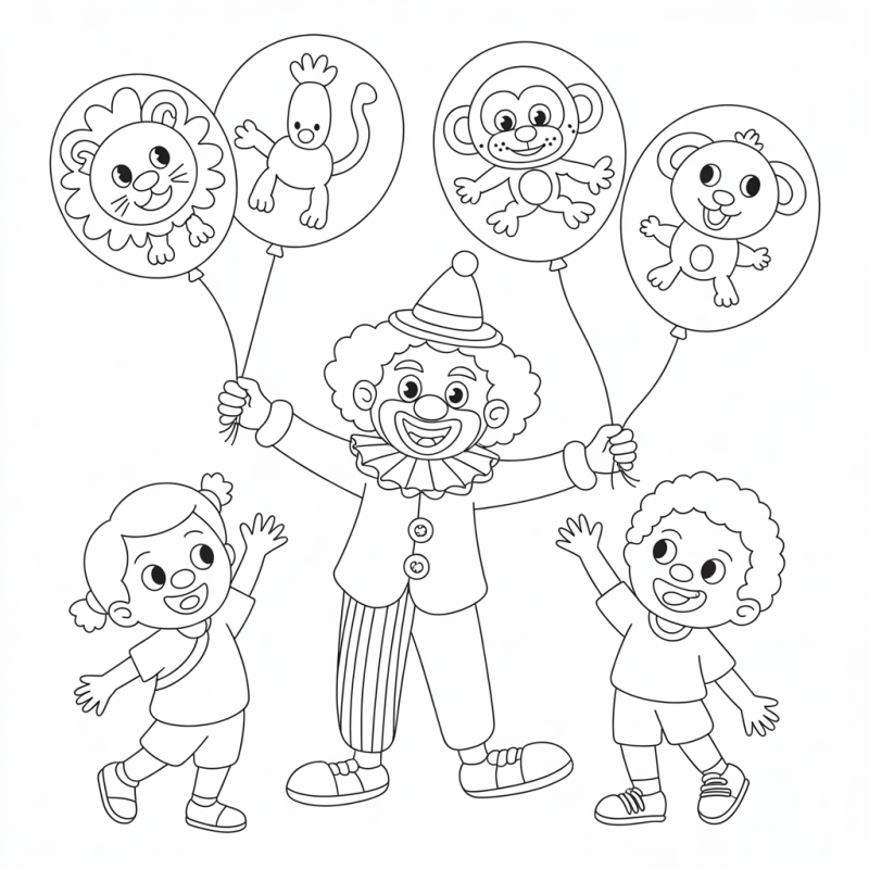Desenho para colorir de palhaço com balões e crianças sorrindo