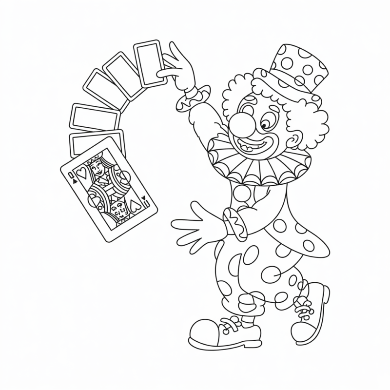 Palhaço sorridente com cartas de baralho para colorir
