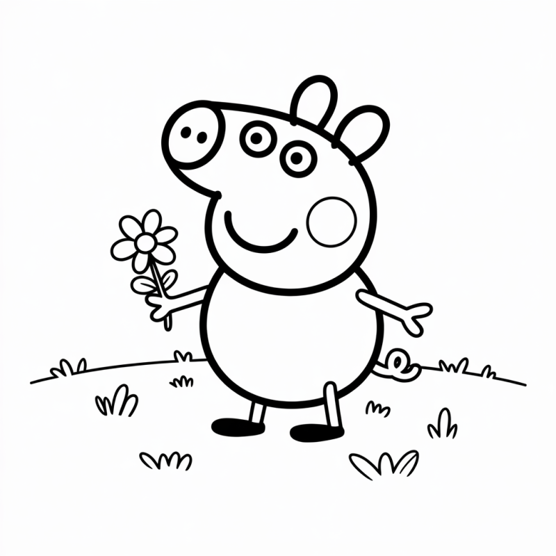 Peppa Pig em estilo infantil segurando uma flor, pronta para colorir