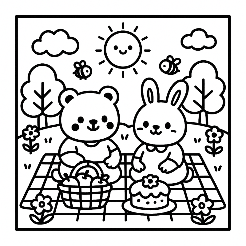 Desenho para colorir de um piquenique ao ar livre com urso e coelho