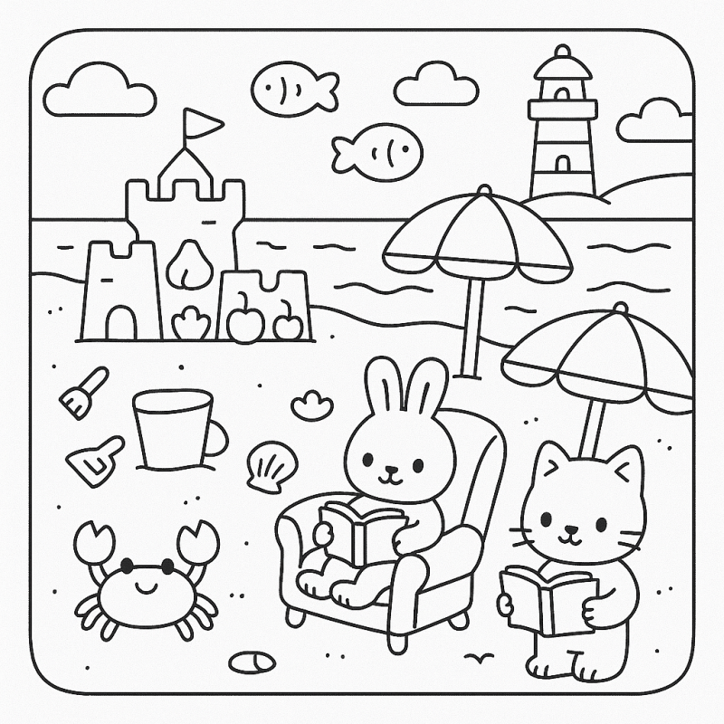 Coelho e gato lendo na praia com cenário animado, desenhe e pinte.