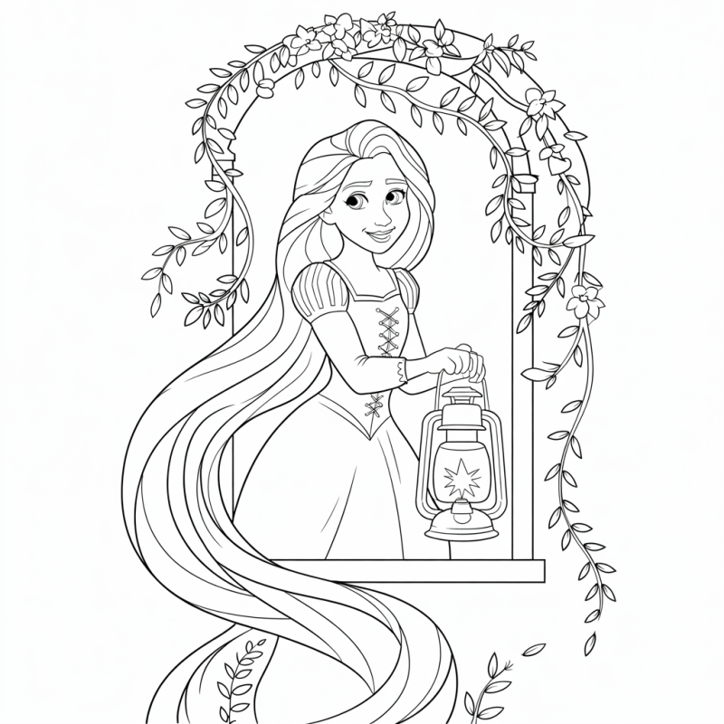 Desenho de Rapunzel na janela com cabelo longo e arco floral para colorir