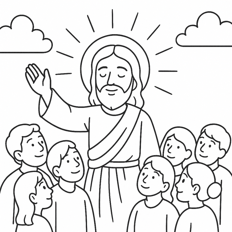 Desenho de Jesus com crianças para colorir, retrato espiritual em cena pastoral