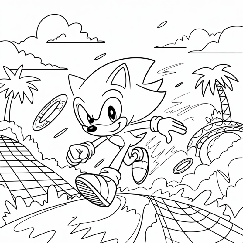Desenho de Sonic correndo em um cenário de jogo para colorir