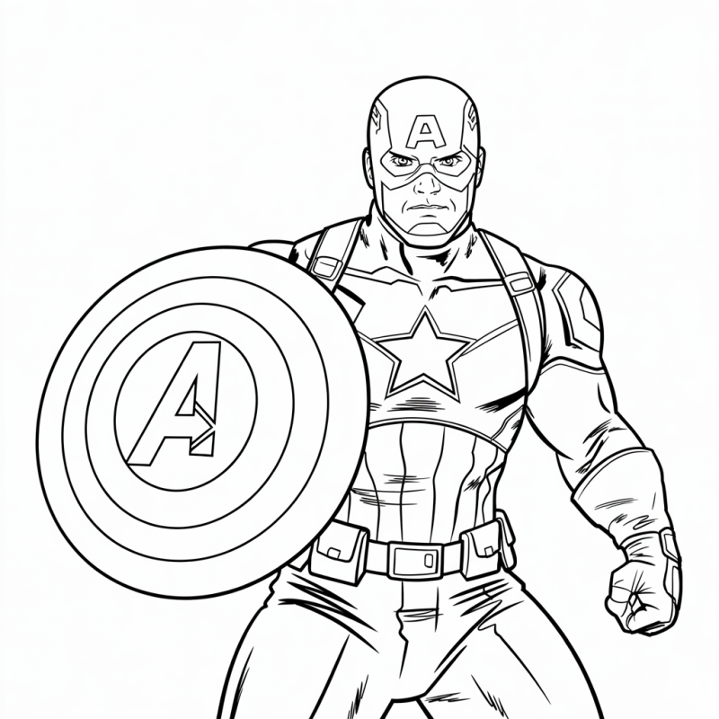 Desenho do Capitão América em posição de combate com escudo em ação