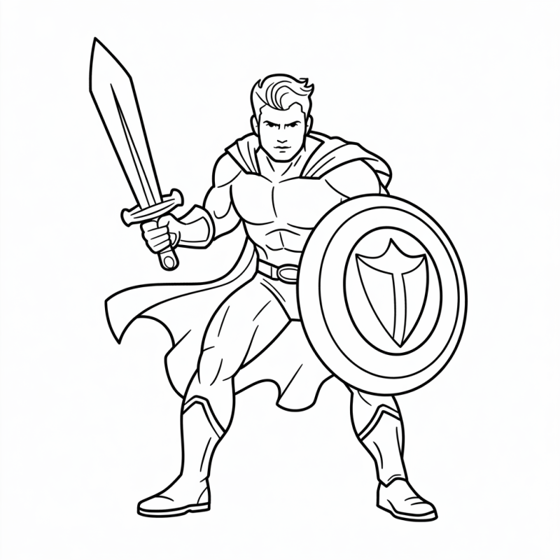 Super Herói com Escudo e Espada: Desenho para Colorir