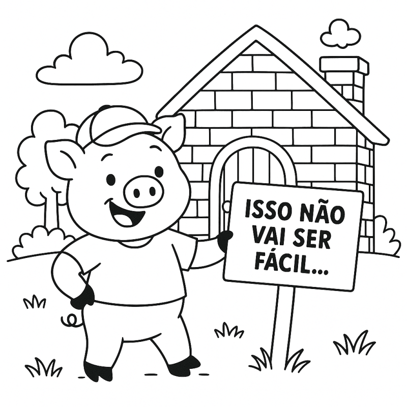 Desenho do Porquinho em estilo cartoon com casa de tijolos ao fundo