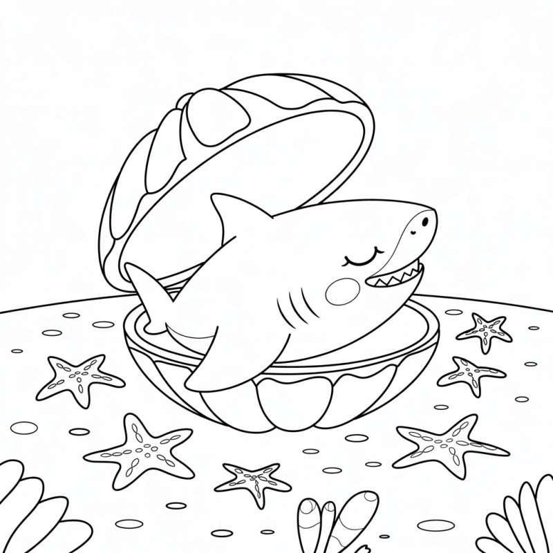Tubarão amigável dormindo em uma concha para colorir
