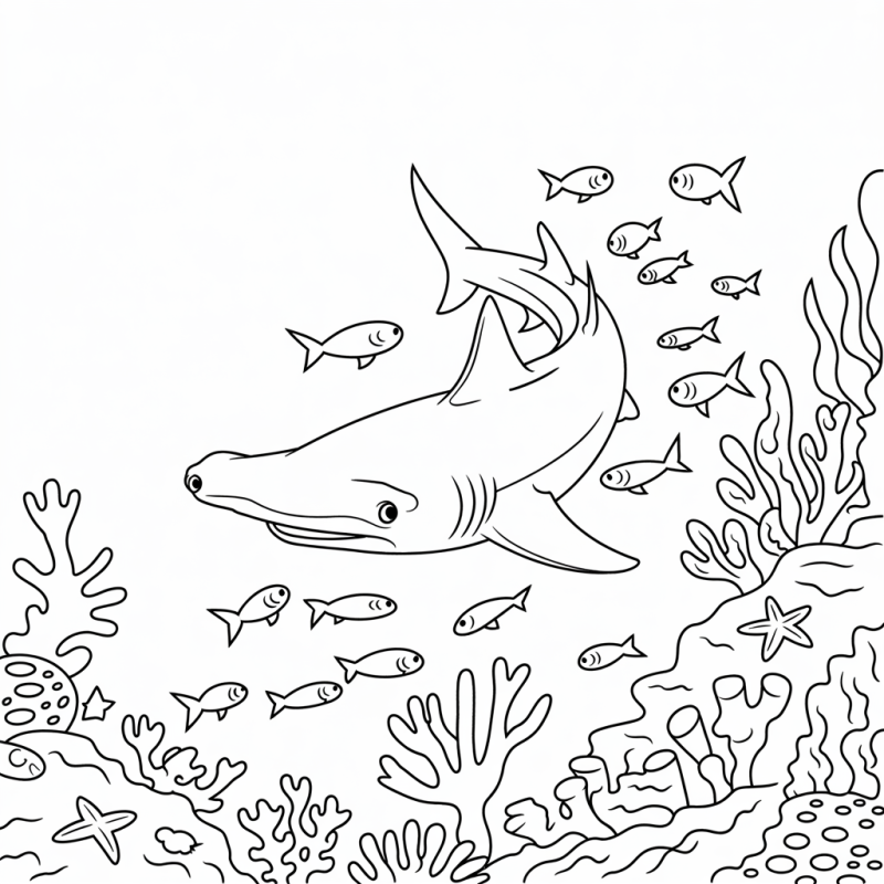 Desenho detalhado de tubarão e corais para colorir