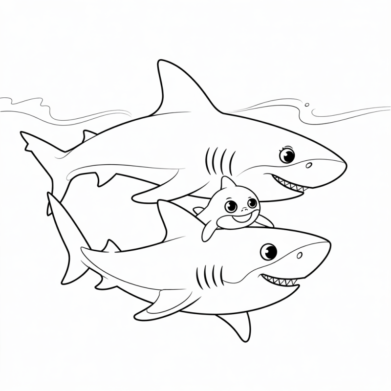 Desenho de tubarões amigáveis para colorir, com um filhote e tubarões sorridentes em estilo cartunizado.