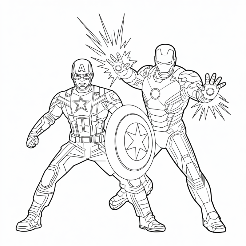 Desenho em linha preta e branca do Capitão América em pose defensiva e Homem de Ferro em pose de ação, prontos para batalha.