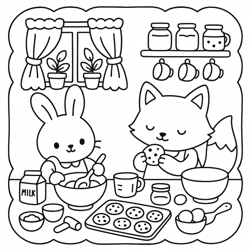 Cozinha Fofa: Rabito e Raposa Prontos para Colorir Desenho Boobie Goods de Cozinha com Coelho e Raposa para Colorir