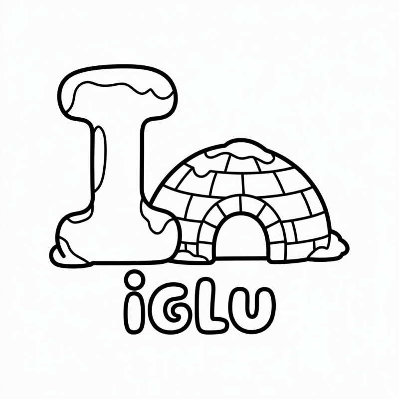 Desenho para colorir da letra I estilizada como bloco de gelo com um iglu ao lado
