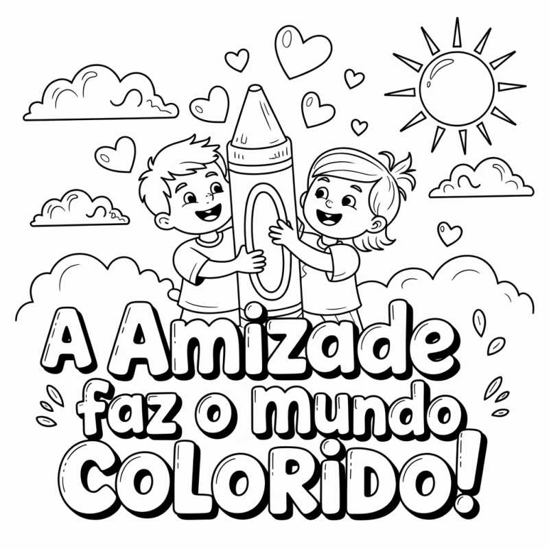 Duas crianças sorrindo abraçam um lápis de cor, rodeadas por corações, nuvens e sol, com frase sobre amizade
