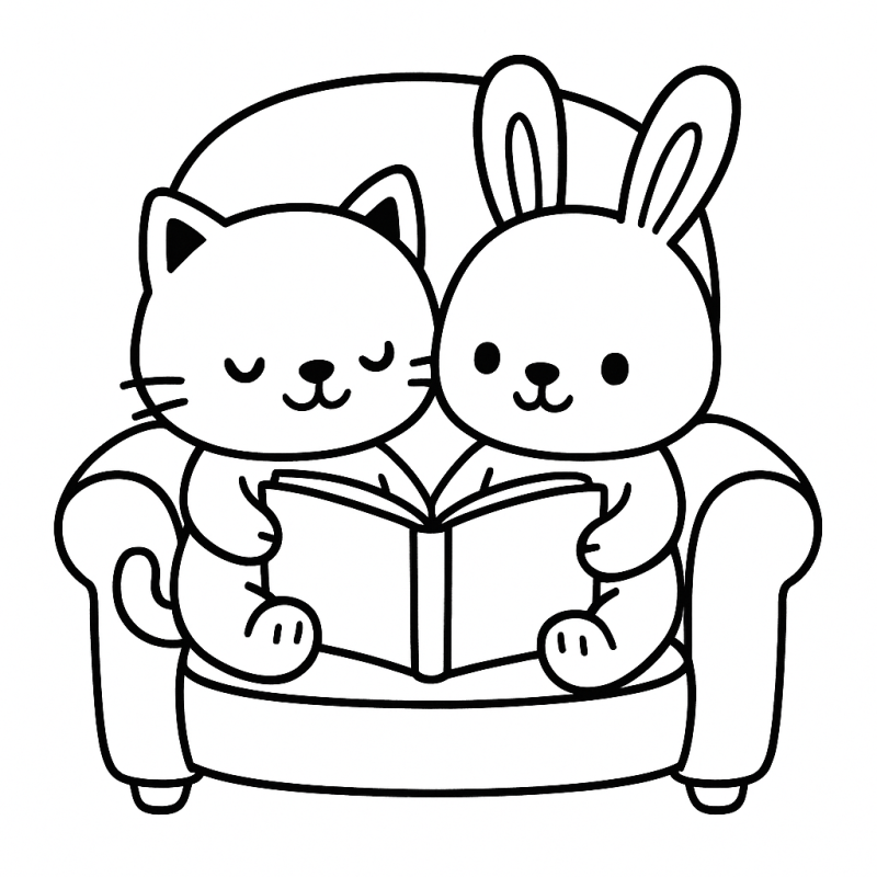 Desenho para colorir de um gatinho e coelhinho relaxando juntos