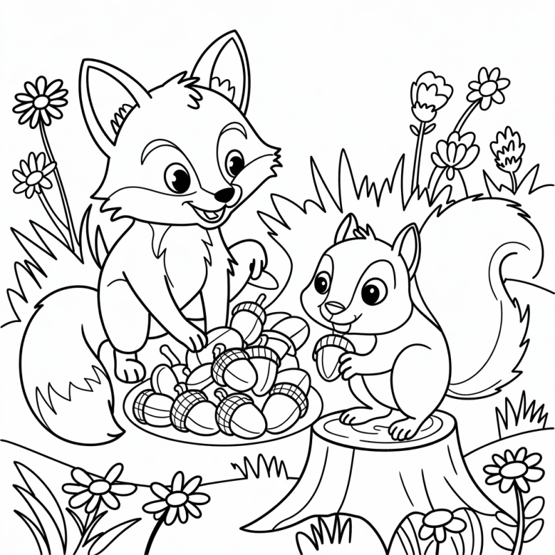 Desenho de raposa com cesta de bolotas e esquilo com bolota em cena campestre