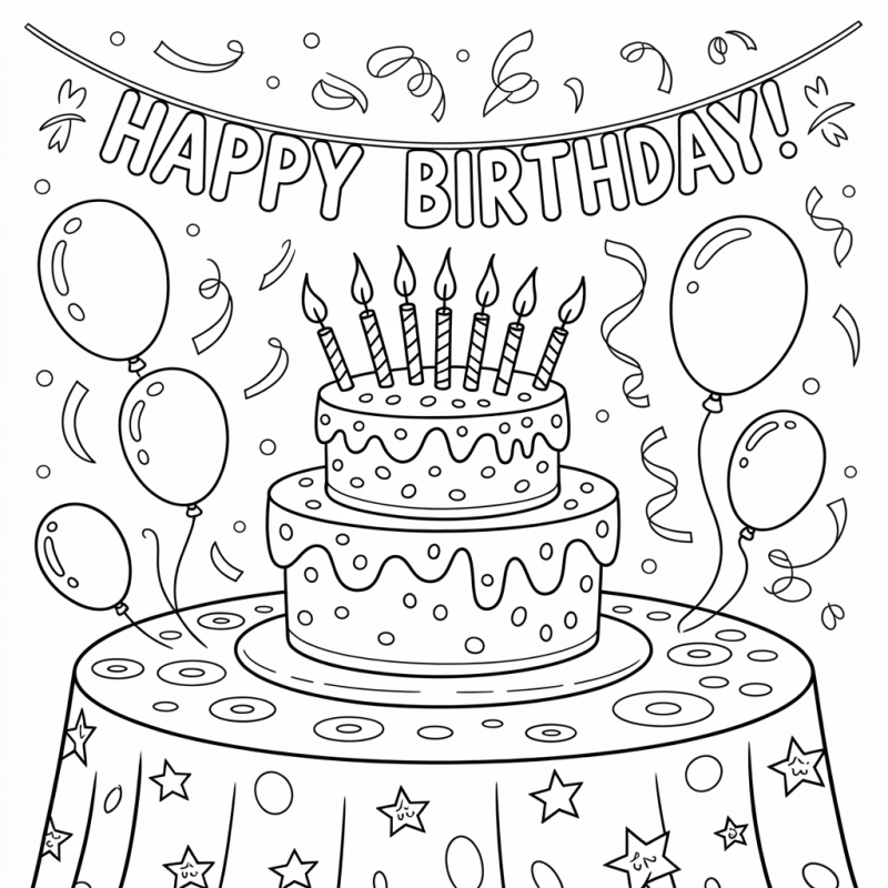 Desenho de Bolo de Aniversário com Velas para Colorir