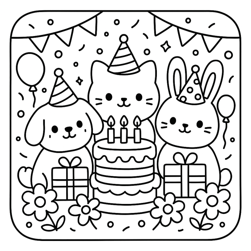 Festa de Aniversário com Animais para Colorir Desenho de festa de aniversário Boobie Goods com cachorro, gato e coelho para colorir