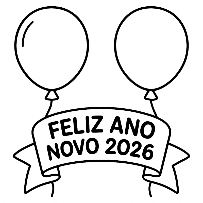Desenho de Laço e Balões: Feliz Ano Novo 2026 para Colorir