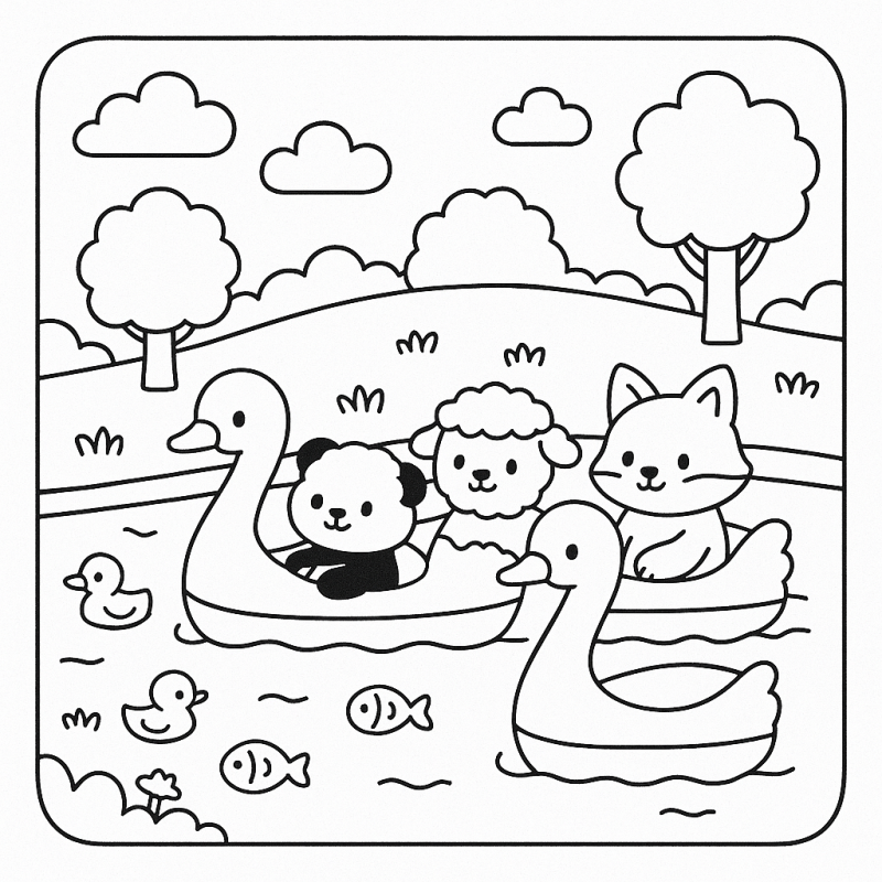 Desenho Boobie Goods de passeio de barco com panda, ovelha e raposa