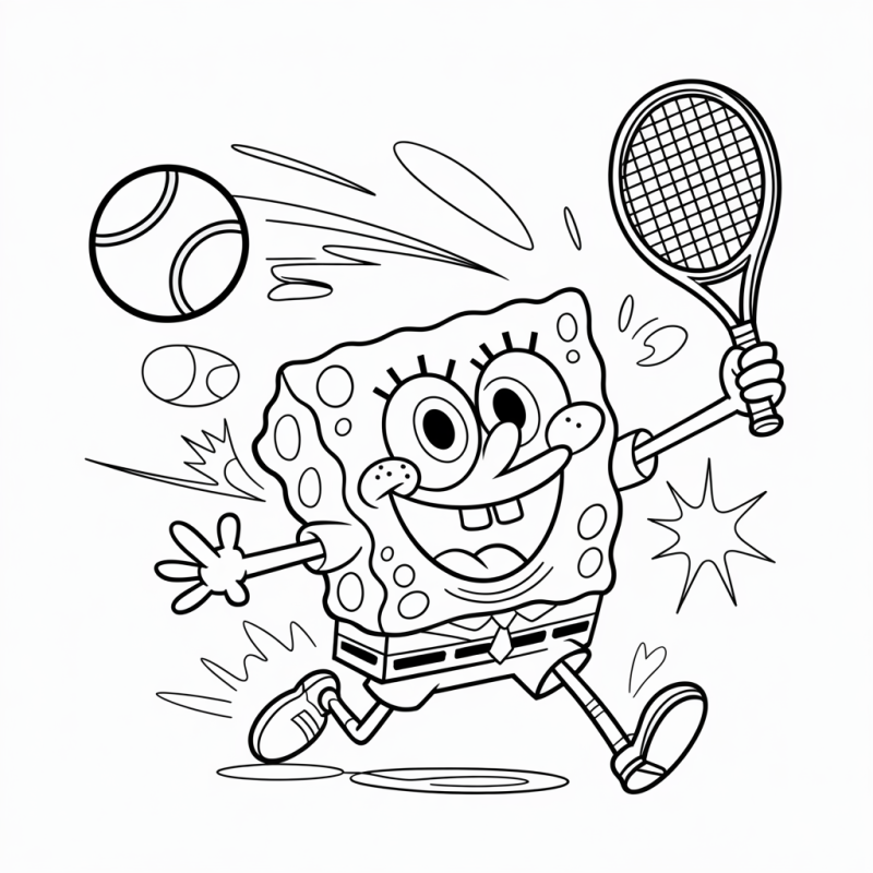 Bob Esponja animado jogando tênis em movimento